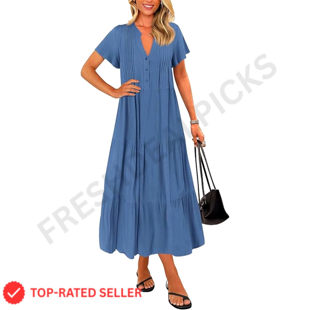 Pleated Tiered Swing Maxi Dress Loose Fit V-Neck Flowy Summer Elegant